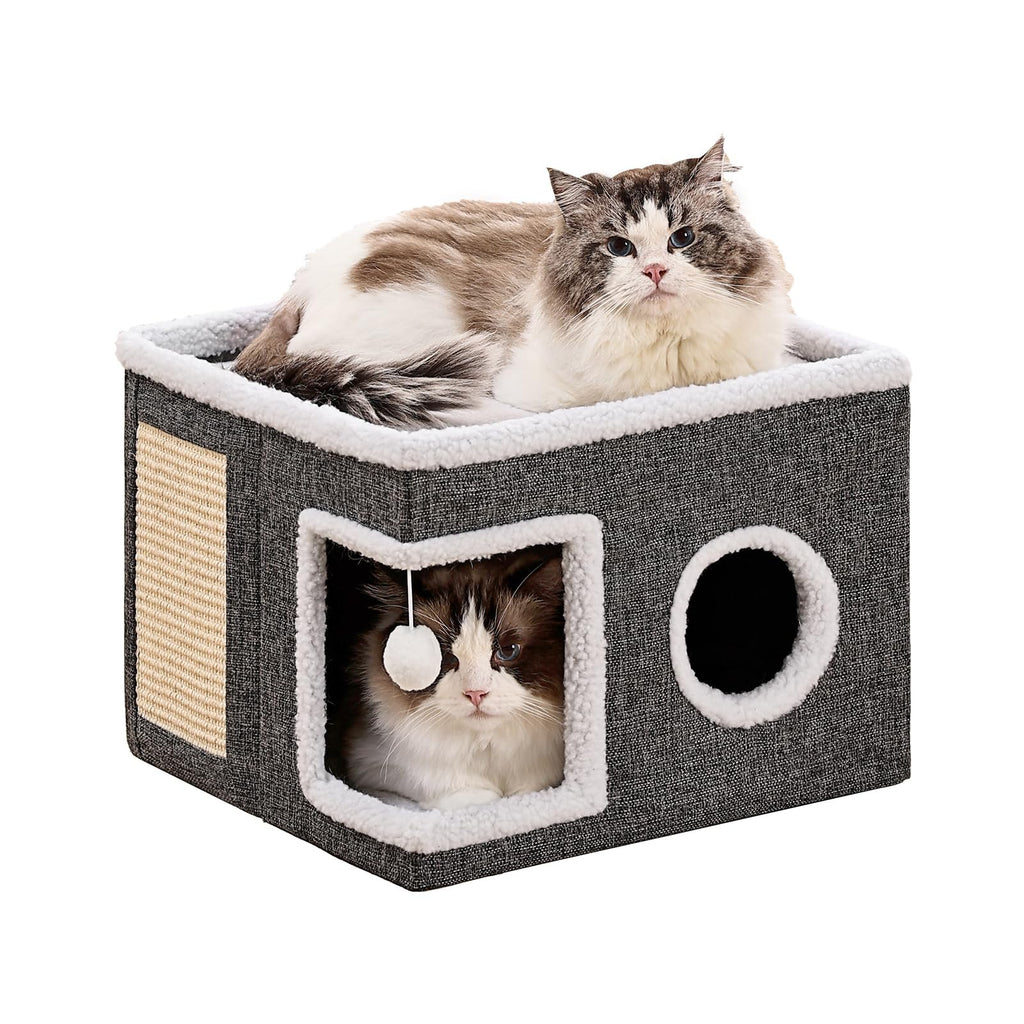 Cat Beds for Indoor Cats, Large Cat Cave with Fluffy Ball and Scratch Pad, Foldable Cat Scratch House with Hideaway Condo for Kitten,16x16x13inch,Grey