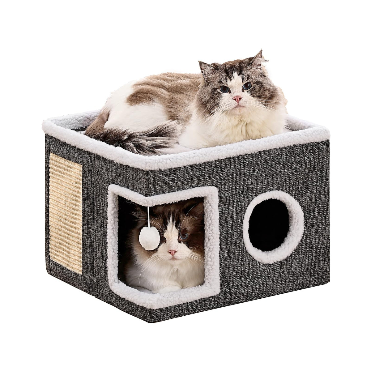 Cat Beds for Indoor Cats, Large Cat Cave with Fluffy Ball and Scratch Pad, Foldable Cat Scratch House with Hideaway Condo for Kitten,16x16x13inch,Grey