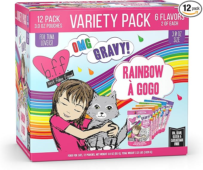 Weruva B.F.F. OMG - Best Feline Friend Oh My Gravy!, Rainbow A Gogo Variety Pack! Cat Food, 3oz Pouch (Pack of 12)