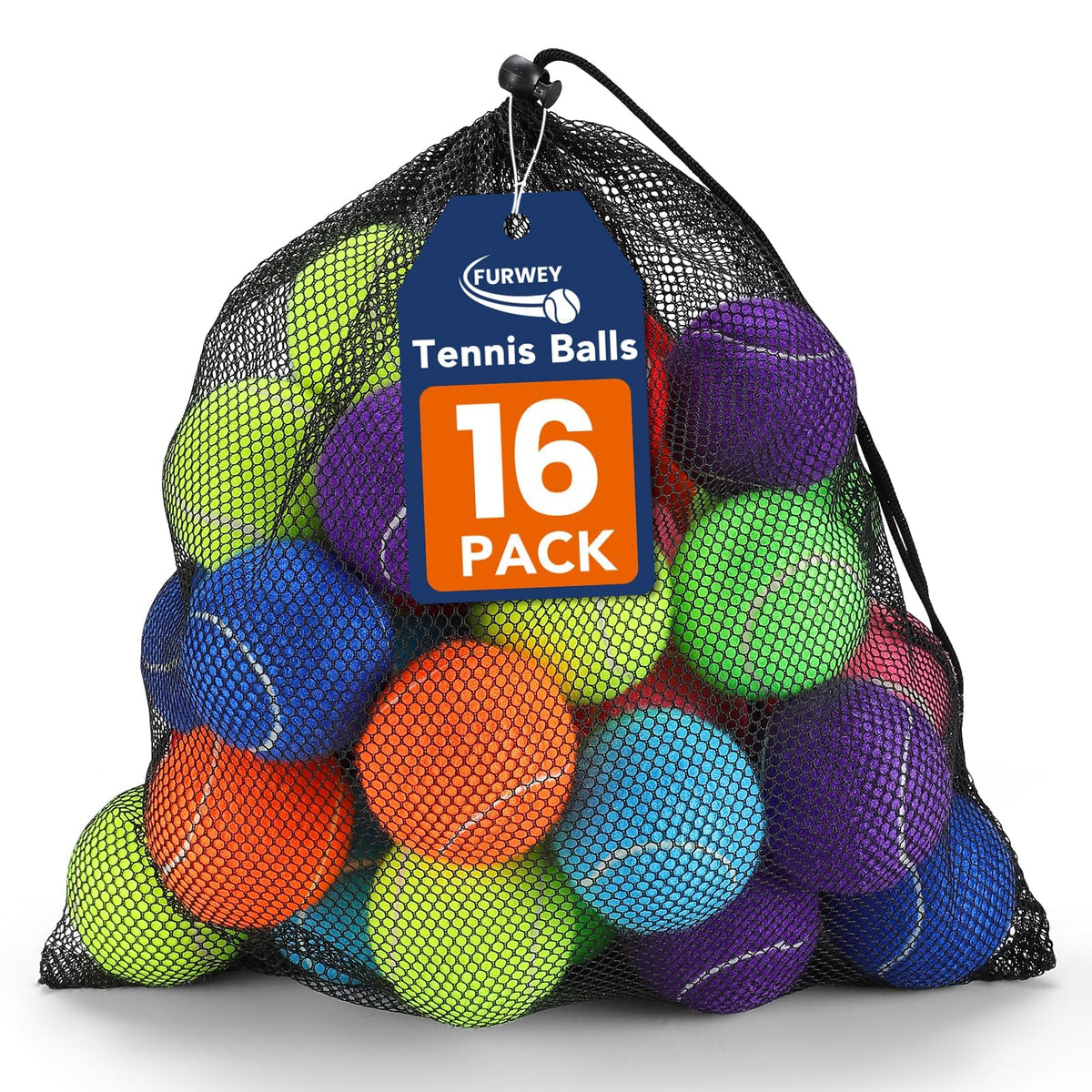 FURWEY Tennis Balls for Dogs 16 Pack,2.5 inches,Durable and Non-Toxic Dog Toys Balls with Mesh Bag,Colorful Fetch Toys Balls for pet Dog (Non Squeaky)