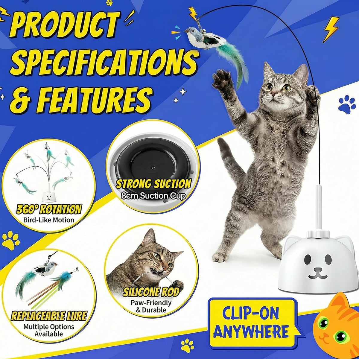 Interactive Cat Toys for Indoor Cats - Automatic Flying Bird Feather Toy, USB Rechargeable Electric Cat Teaser with Sticky Suction Base, Smart Motion