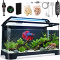 3.5 Gallon Betta Fish Tank, All in One Aquarium Starter Kits with Back Filter, Adjustable Pump, 25W Heater, LED Thermometer, LED Light with Timer