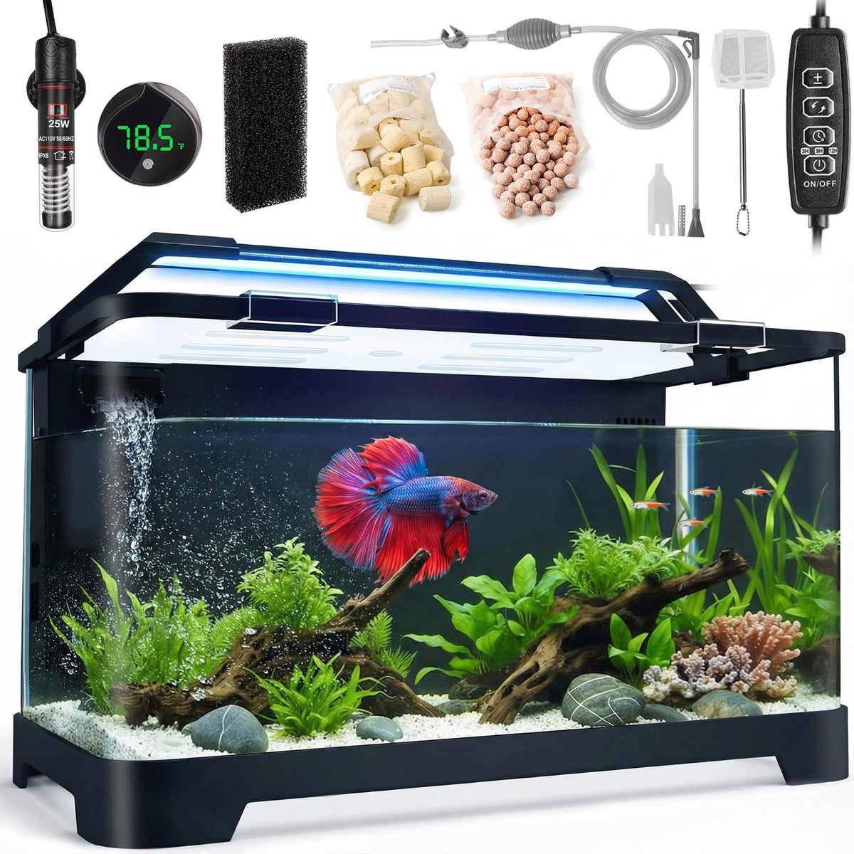 3.5 Gallon Betta Fish Tank, All in One Aquarium Starter Kits with Back Filter, Adjustable Pump, 25W Heater, LED Thermometer, LED Light with Timer