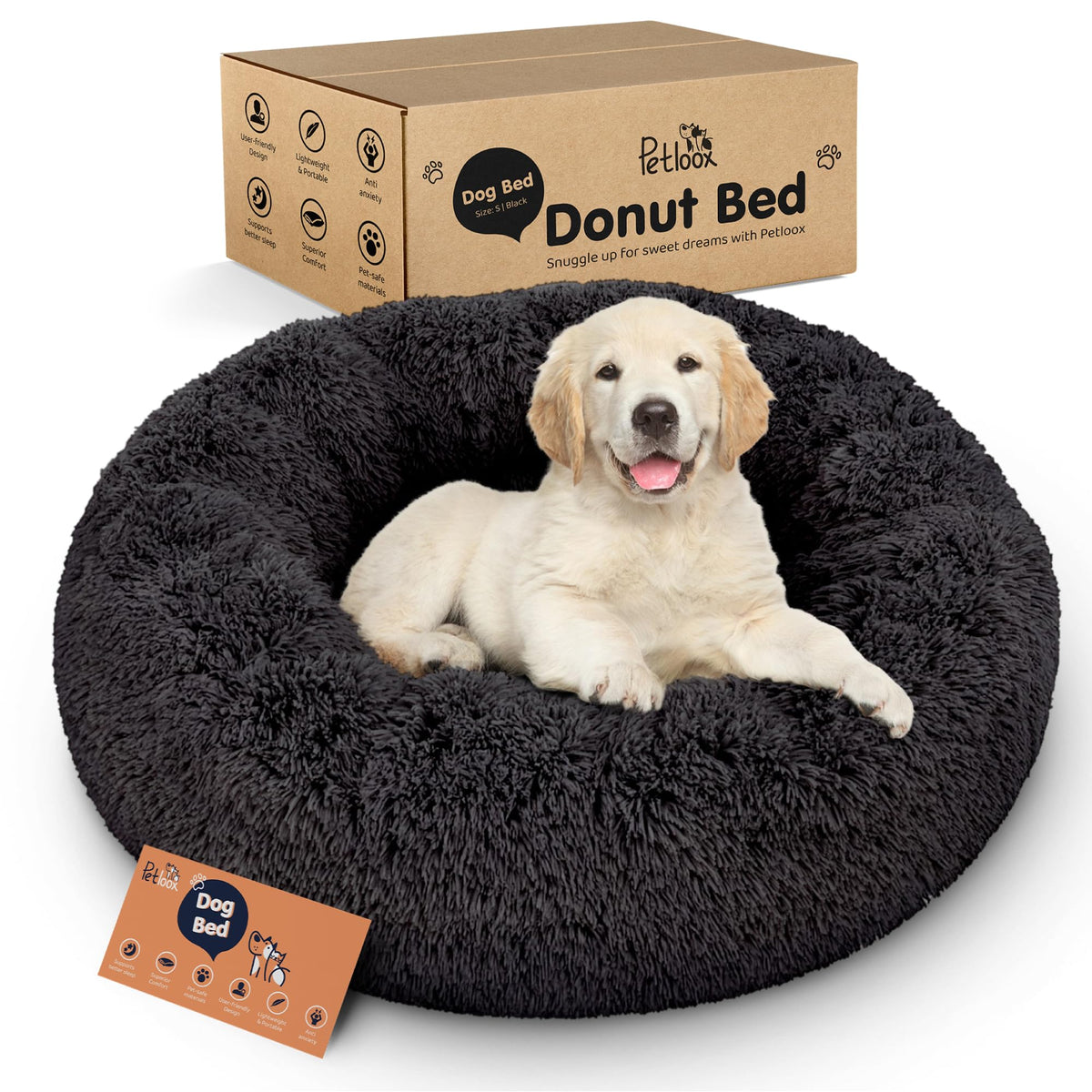 Donut Dog Bed - Premium Comfort for Anxiety Relief - Fluffy & Calming Design with Ultra-Plush Support | Cozy Round Dog Bed with Super Soft Circle Style (Black, Small)