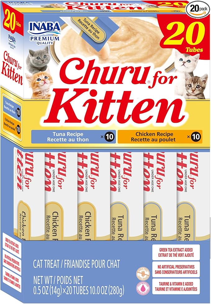 INABA Churu for Kittens, Lickable, Squeezable Creamy Purée Cat Treat with Green Tea Extract & Taurine, 0.5oz. Each Tube, 20 Tubes, Tuna & Chicken