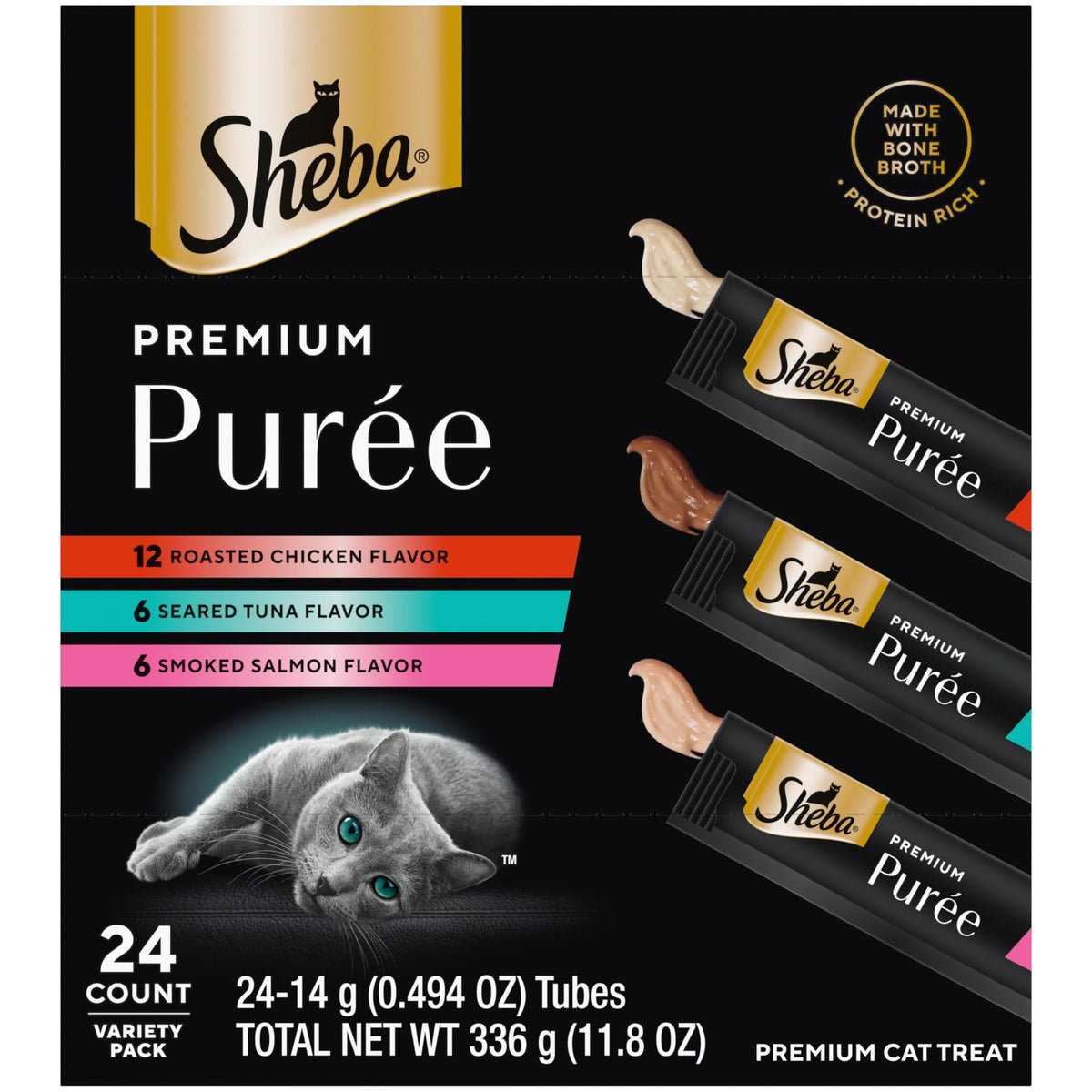 Sheba Premium Puree Cat Treats Lickable Roasted Chicken Flavor, Smoked Salmon Flavor, and Seared Tuna Flavor, 0.49 oz. Tubes, 24 Count