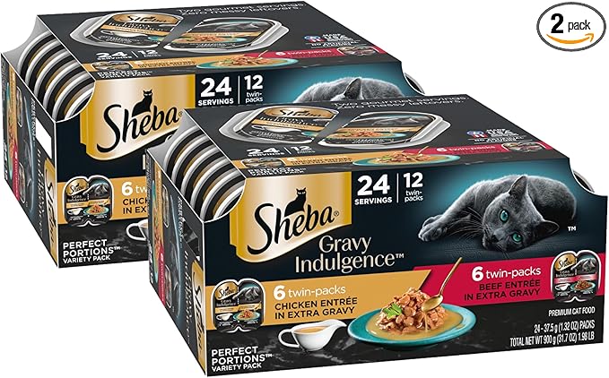 Sheba Gravy Indulgence Adult Wet Cat Food Beef and Chicken Entree in Extra Gravy Variety Pack, 2.6 oz. Twin-Pack Trays (12 Count, 24 Servings) (Pack