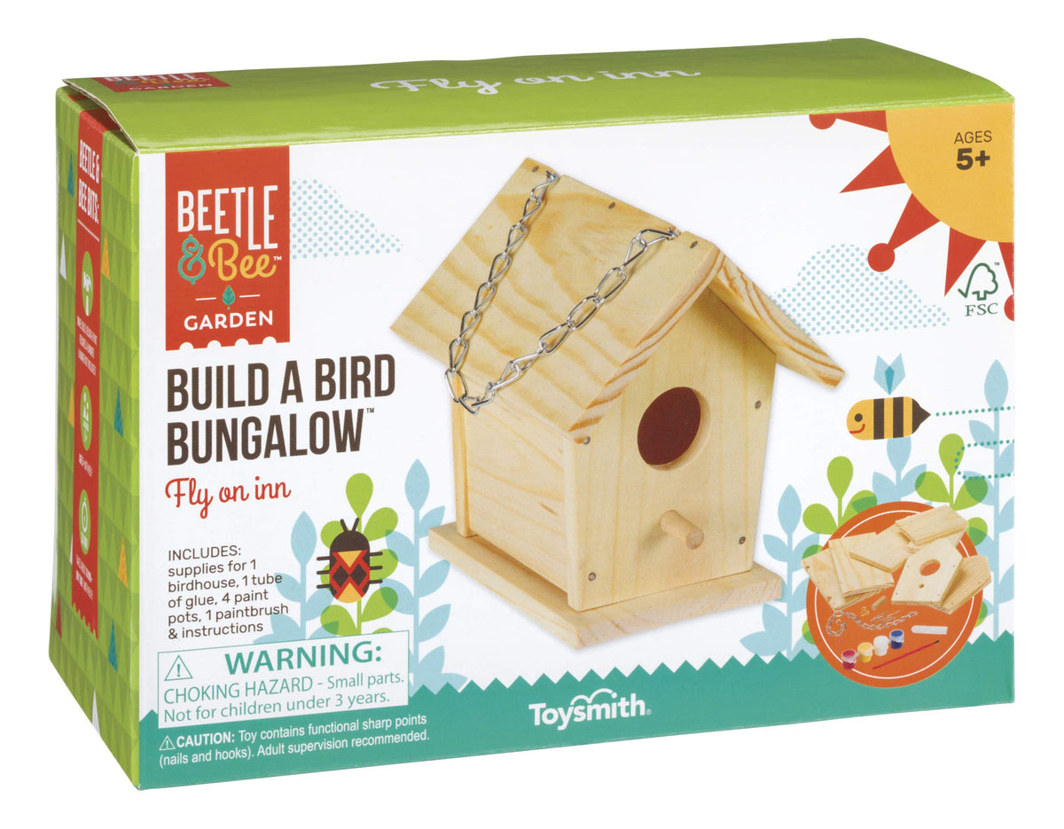Beetle & Bee Build A Bird Bungalow - DIY Kid Art Craft Outdoor Birdhouse Kit, House Painting Kit for Kids, Hardware Glue Included- 4 Paints, 1 Brush