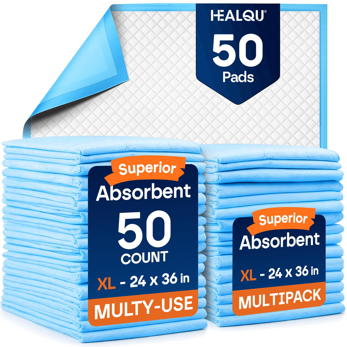 Healqu Disposable Underpads - Absorbent Incontinence Bed Pads for Adults, Kids, Elderly, and Pets - Fluid and Urine Bed Protection - Large, Thick