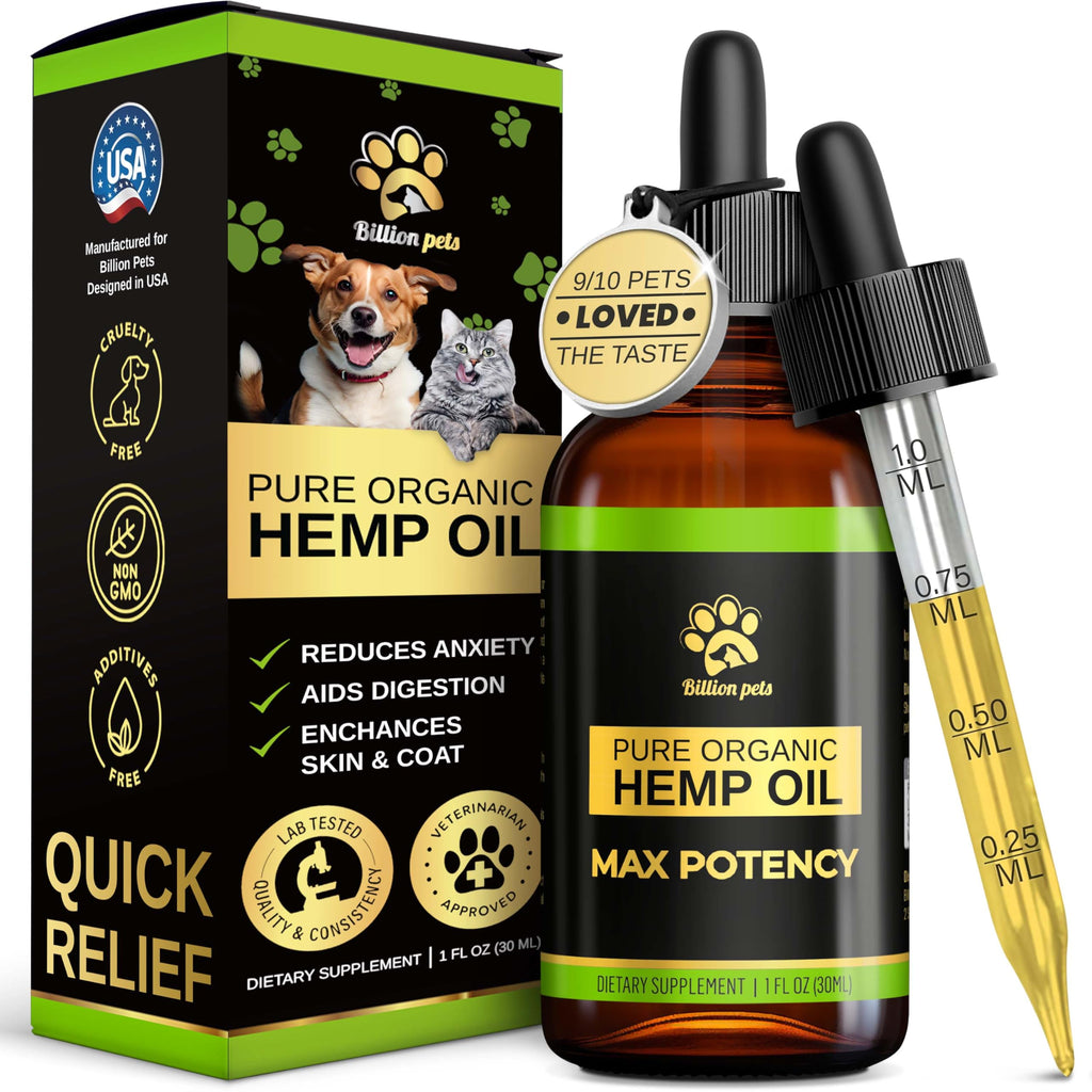 Billion Pets - Hemp Oil for Dogs and Cats - Helps with Anxiety, Pain, Stress, Sleep, Arthritis, Seizures Relief - Hip and Joint Support - Calming