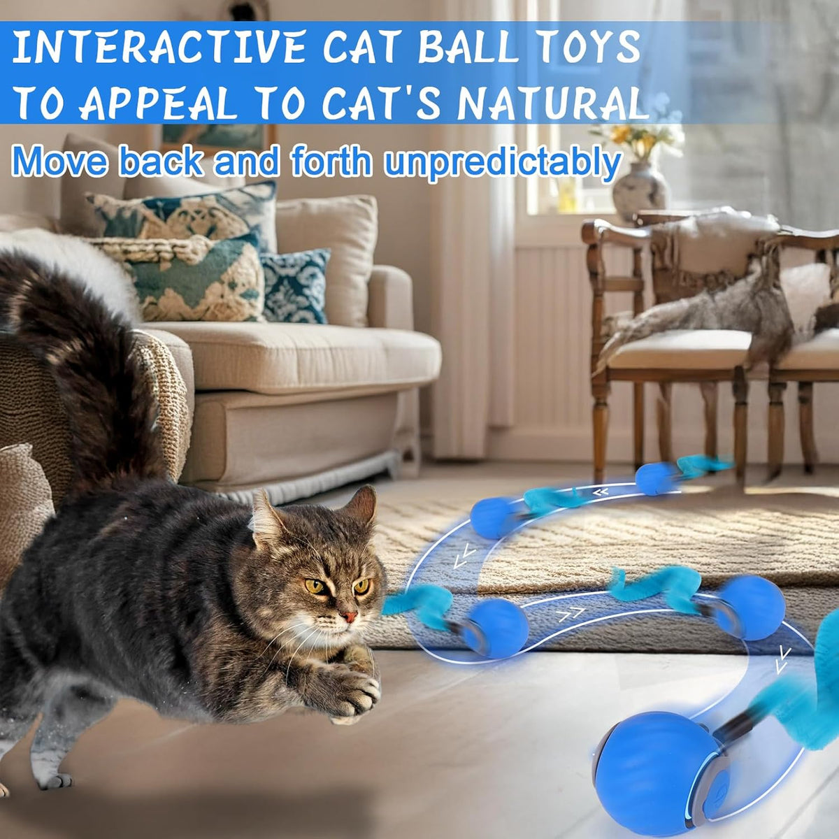 BABORUI Interactive Cat Toy Ball - Automatic Interactive Cat Toys for Indoor Cats with 3 Tails, 2 Speeds Rechargeable Cat Enrichment Toys for