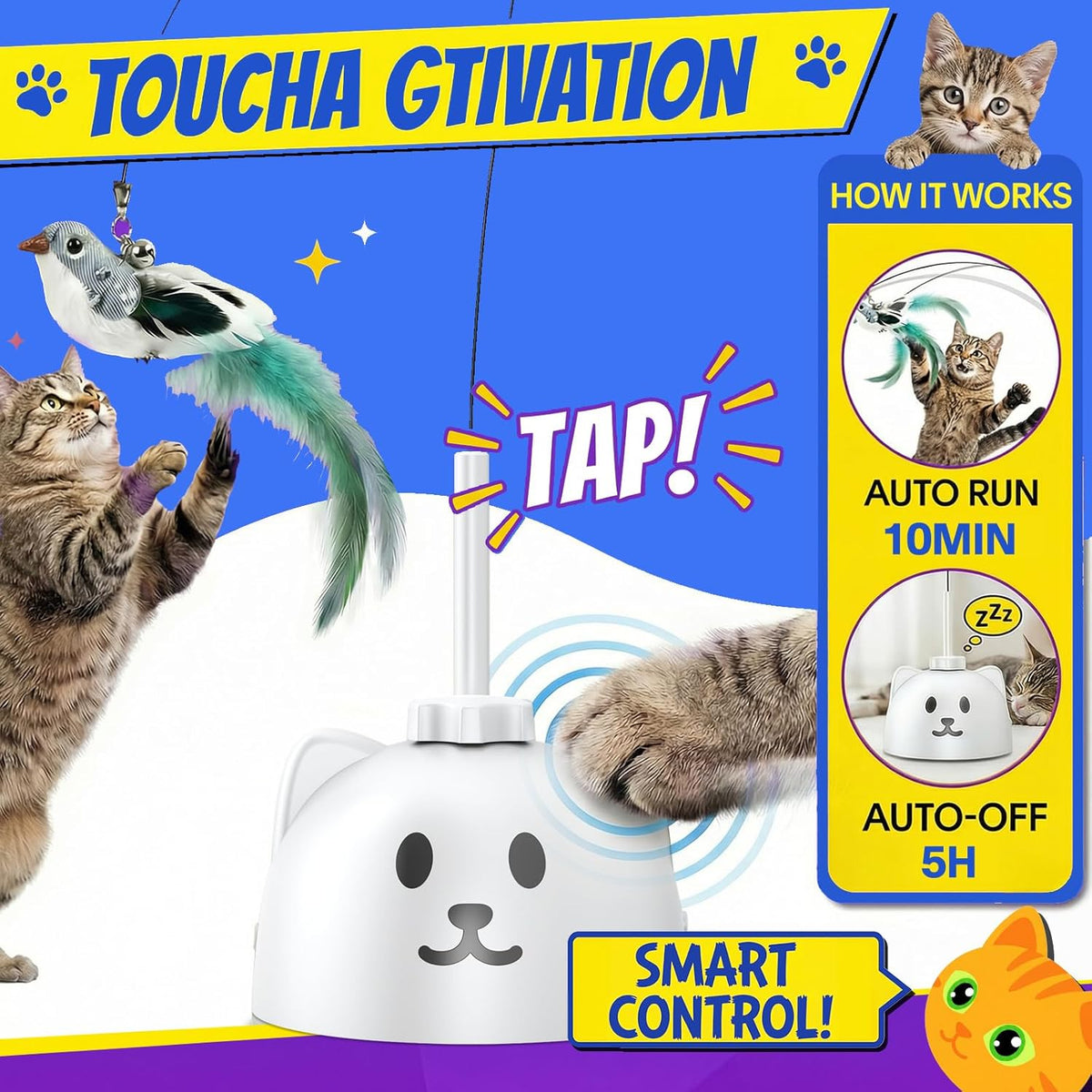 Interactive Cat Toys for Indoor Cats - Automatic Flying Bird Feather Toy, USB Rechargeable Electric Cat Teaser with Sticky Suction Base, Smart Motion