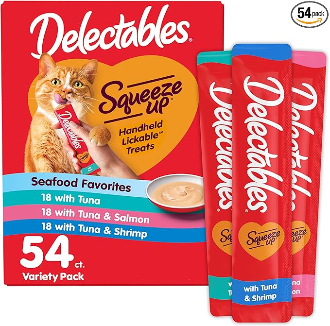Delectables Squeeze Up Seafood Variety Pack, Creamy Squeezable Puree, Lickable Wet Cat Treats, Grain Free, No Added Fillers, No by-Products, No Added