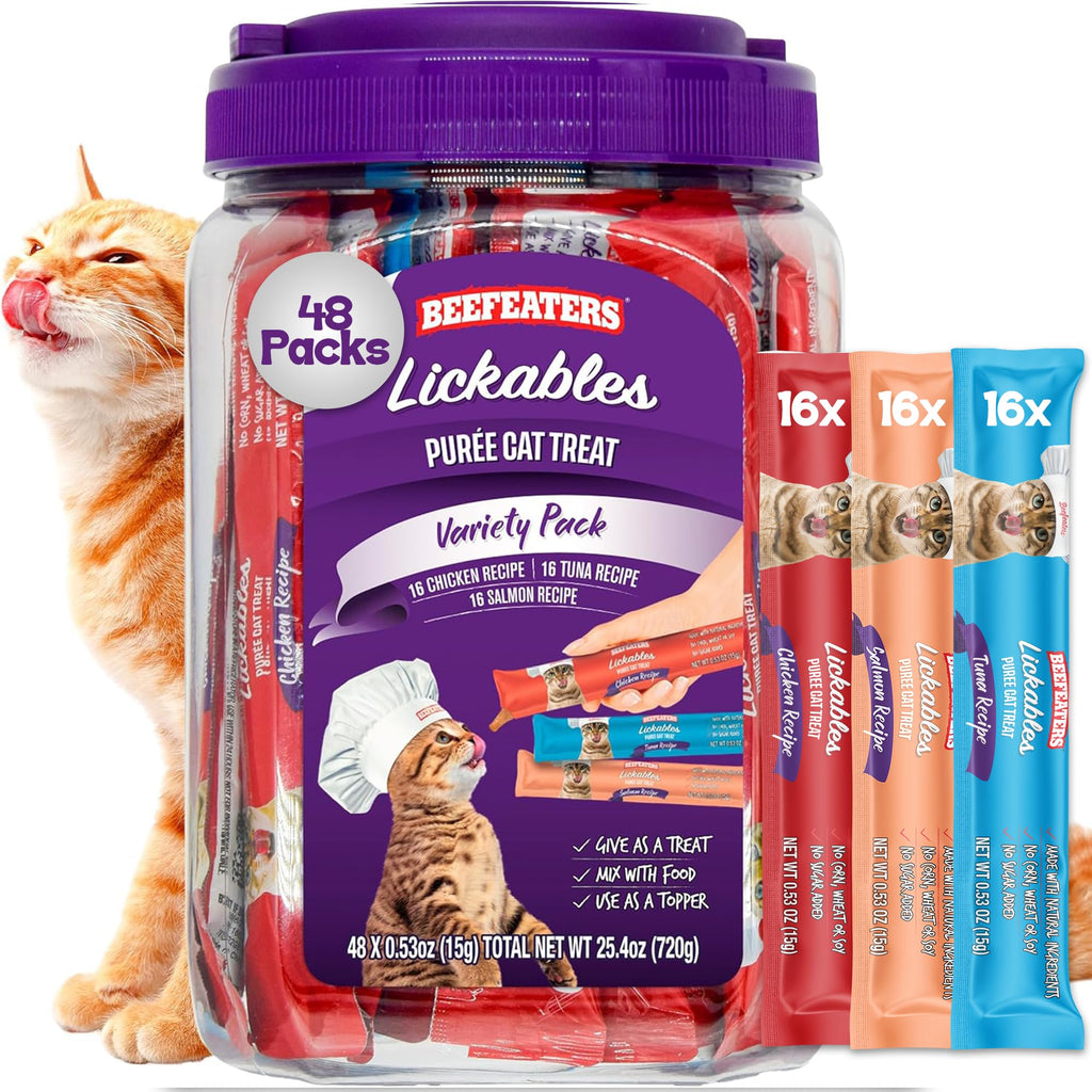 Beefeaters wet cat treats lickable 48 Count Puree Variety Pack - Salmon Tuna Chicken for Hydration & Training, Grain Free Taurine Enriched High