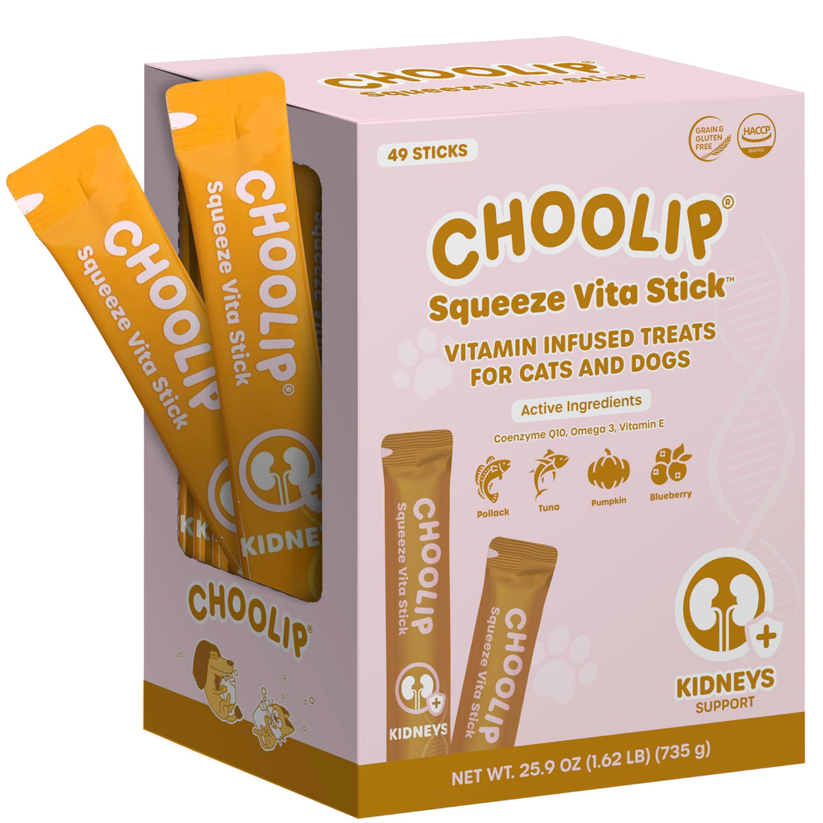 Choolip Squeeze Vita Stick Lickable Cat and Dog Treats, 49-Count Kidney Support Variety Pack, Tuna and Pollack with Pumpkin, Blueberry and Omega-3