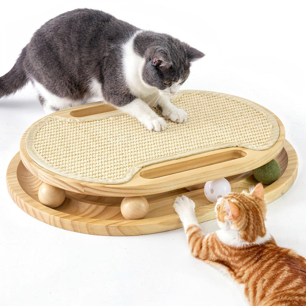 ZOMISIA Cat Scratcher with Ball Track Toy, Sisal Scratch Pad for Indoor Adult Cats, Wooden Interactive Cat Puzzle Toys for Kitten Mental Stimulation