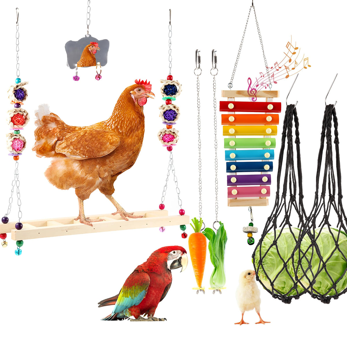 8PCS Chicken Toys for Coop Accessories, Chicken Swing, Xylophone, Mirror, Vegetable Hanging Feeder, Fruit Rack for Poultry Rooster Large Bird Parrot