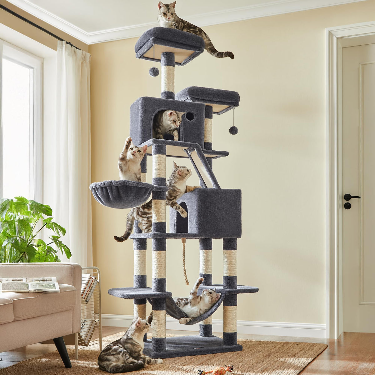 Feandrea Cat Tree, 81.1-Inch Large Cat Tower, Multi-Level Plush Condo with 13 Scratching Posts, 2 Perches, 2 Caves, Basket, Hammock, Pompoms, Smoky