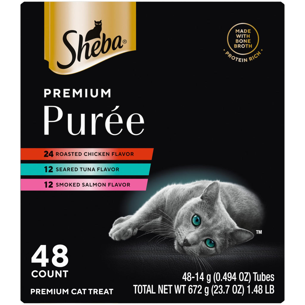 Sheba Premium Puree Cat Treats Lickable Roasted Chicken Flavor, Smoked Salmon Flavor, and Seared Tuna Flavor, 0.49 oz. Tubes, 48 Count