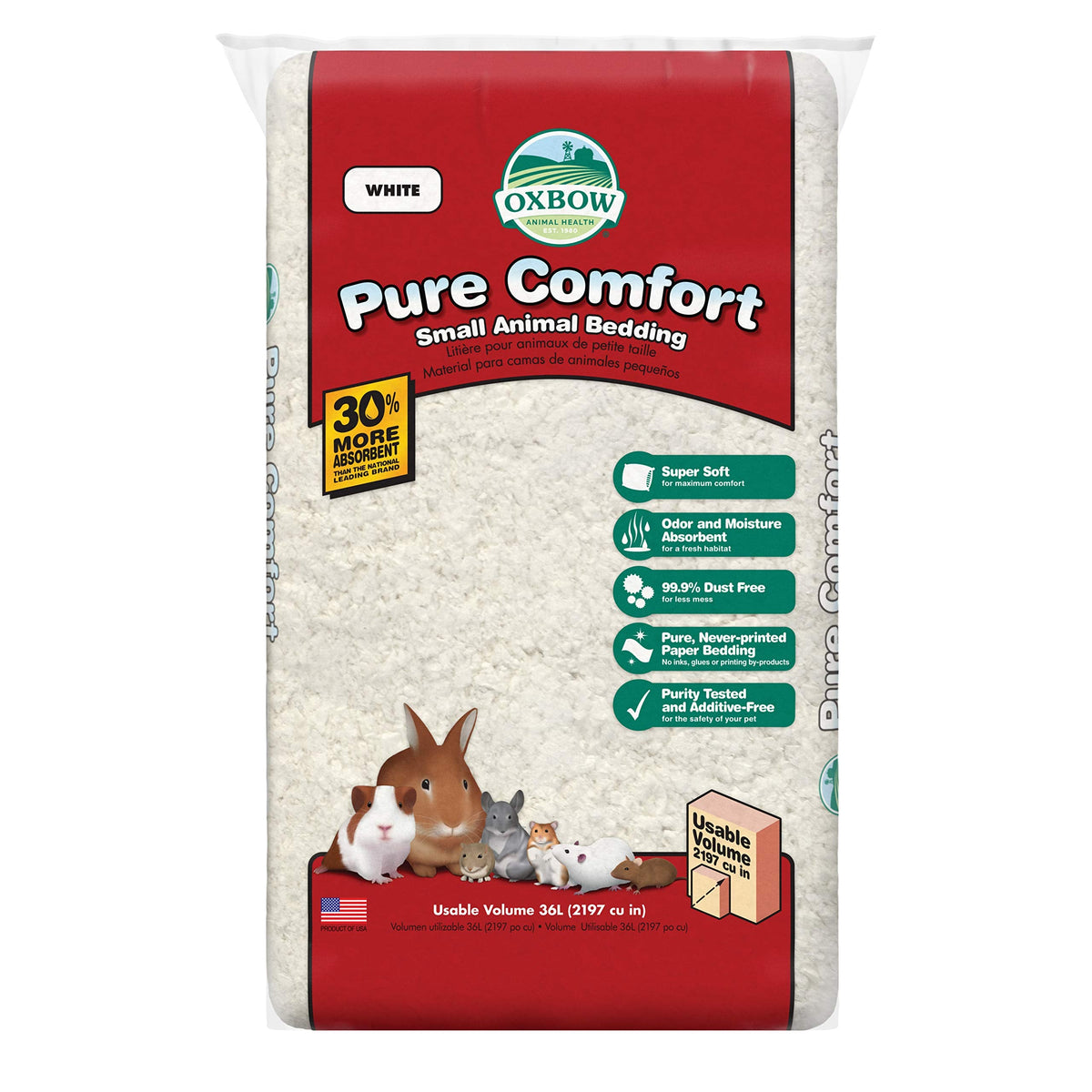 Oxbow Pure Comfort Small Animal Bedding, Odor & Moisture Absorbent Litter for Bunny Litter Box, Low Dust Bedding for Guinea Pig Cage, White Paper, 36