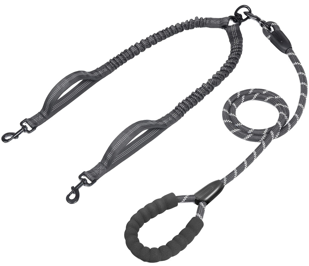 Double Dog Leash with Two Extra Traffic Handles, 360 Swivel No Tangle Dual Dog Walking Leash, Comfortable Shock Absorbing Reflective Bungee for Two