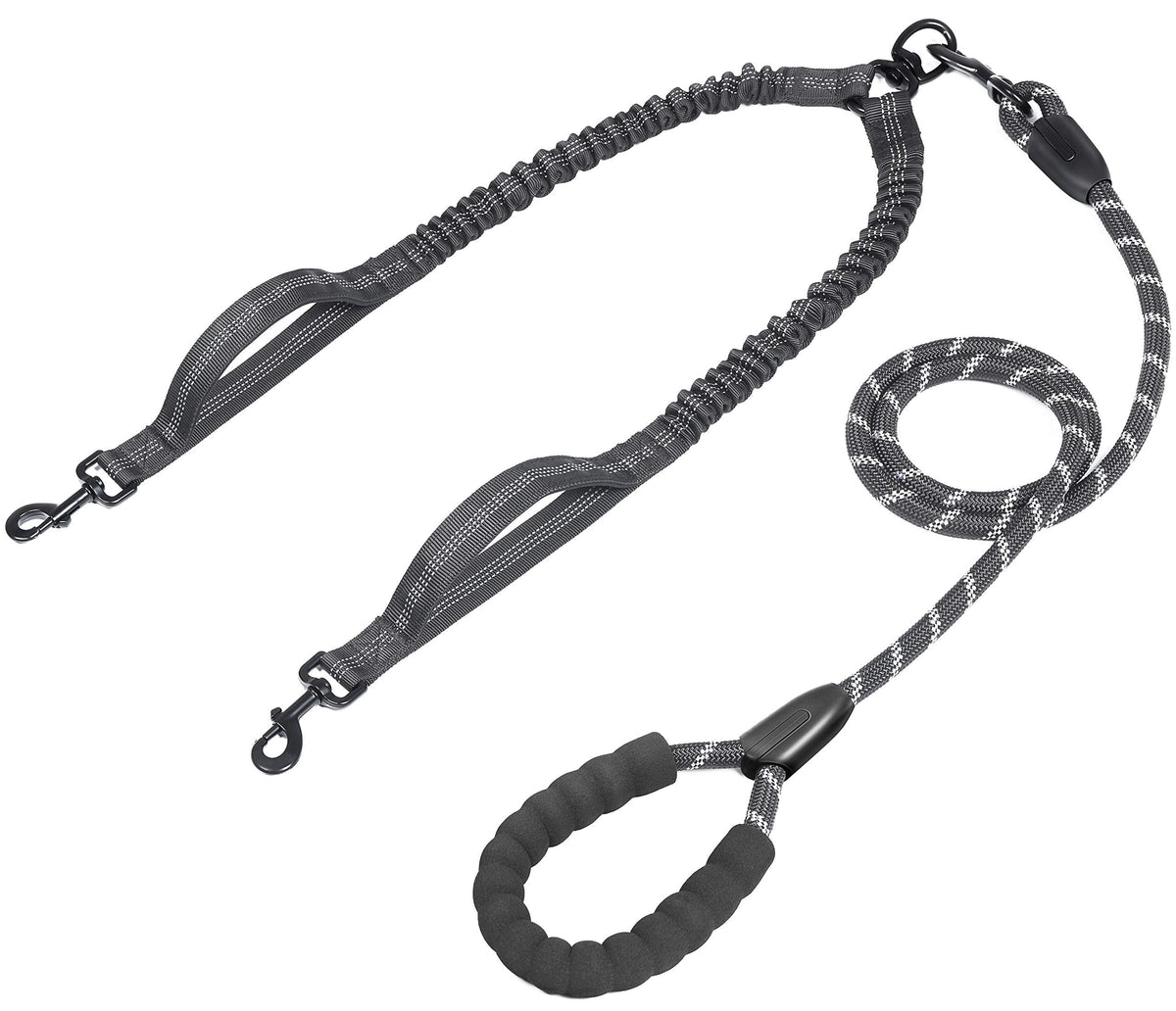 Double Dog Leash with Two Extra Traffic Handles, 360 Swivel No Tangle Dual Dog Walking Leash, Comfortable Shock Absorbing Reflective Bungee for Two
