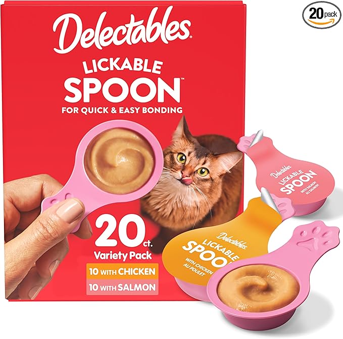 Delectables Lickable Spoon Handheld Wet Cat Treats Made with Real Chicken & Salmon, Quick & Easy Creamy Puree, Mess Free, Grain-Free, No Added