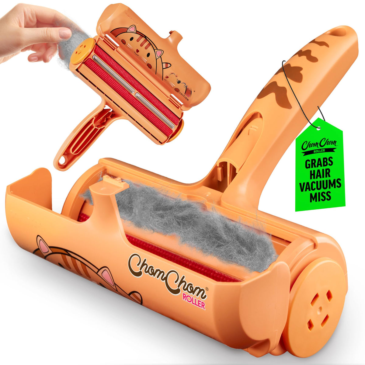 ChomChom Roller Pet Hair Remover – Original Size Reusable Lint Roller for Cat & Dog Hair on Furniture, Couch, Carpet, Car, Rugs & Bedding – Portable, Eco-Friendly (Cat)