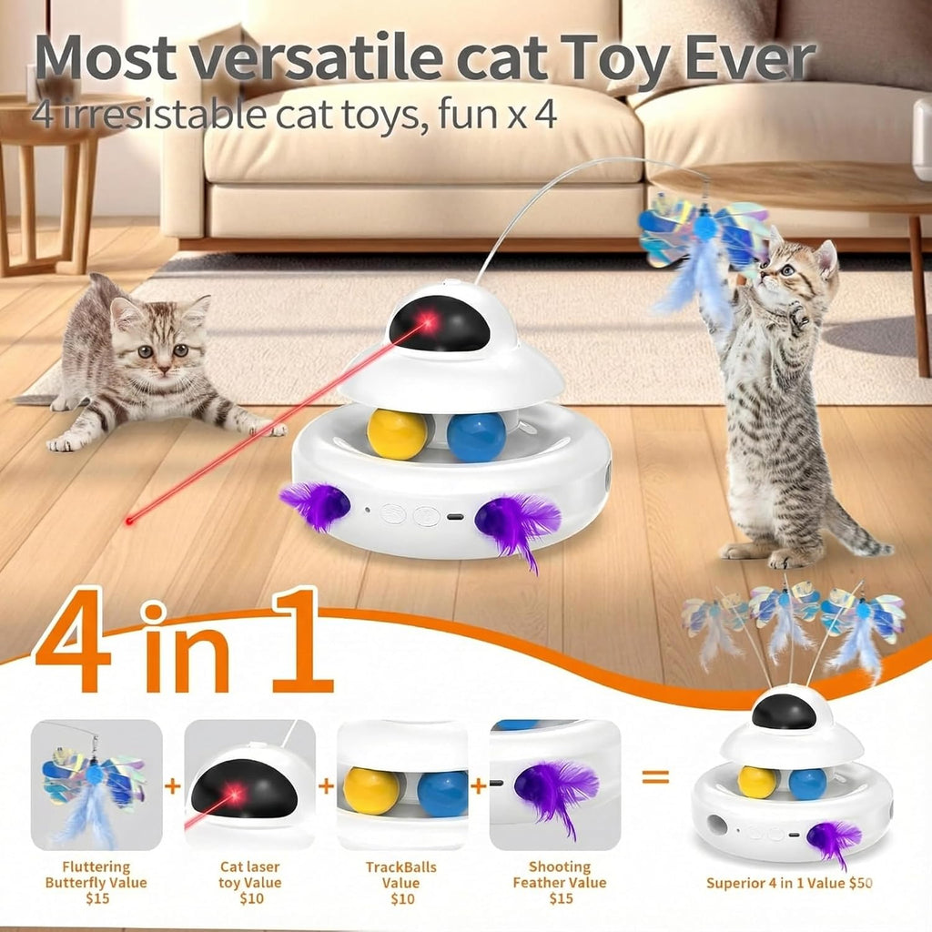 Interactive Cat Toys for Indoor Cats,4-in-1 Automatic Kitten Toy with Laser, Fluttering Butterfly, Moving Feather & Track Balls, USB Rechargeable