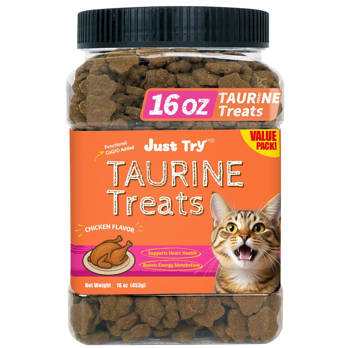 Just Try 16 OZ Taurine Treats with Coenzyme Q10 for Cats - Coq10 & Taurine for Cat to Support Feline Heart Health - Chicken Flavored Chews - Vitamins