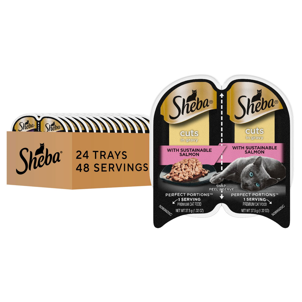 Sheba Perfect Portions Wet Cat Food Cuts in Gravy, Cat Food Wet Recipe, Sustainable Salmon Entree, 2.6 oz. Twin-Pack Trays (24 Count, 48 Servings)