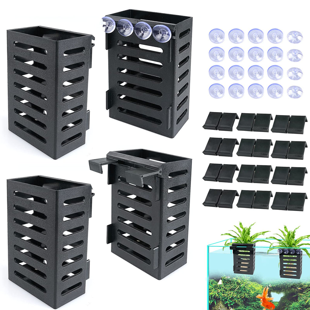Aquarium Plant Holder 4 PCS Aquatic Plant Pot with 24 Hooks and 20 Suction Cups for Fish Tank Aquarium Planter and Aquascape Decorations (Black)