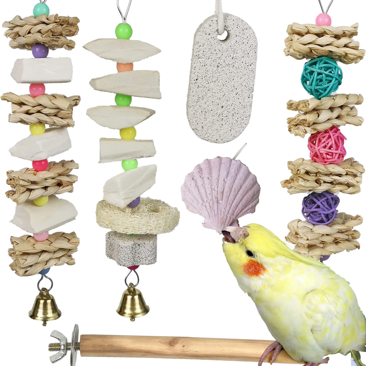 Parrot Chewing Toys (6 pcs) Natural Cuttlebone Bird Beak Trimmer Grinding Stone Lava Block Calcium Stone Bird Perch Cage Toys for Small and Medium