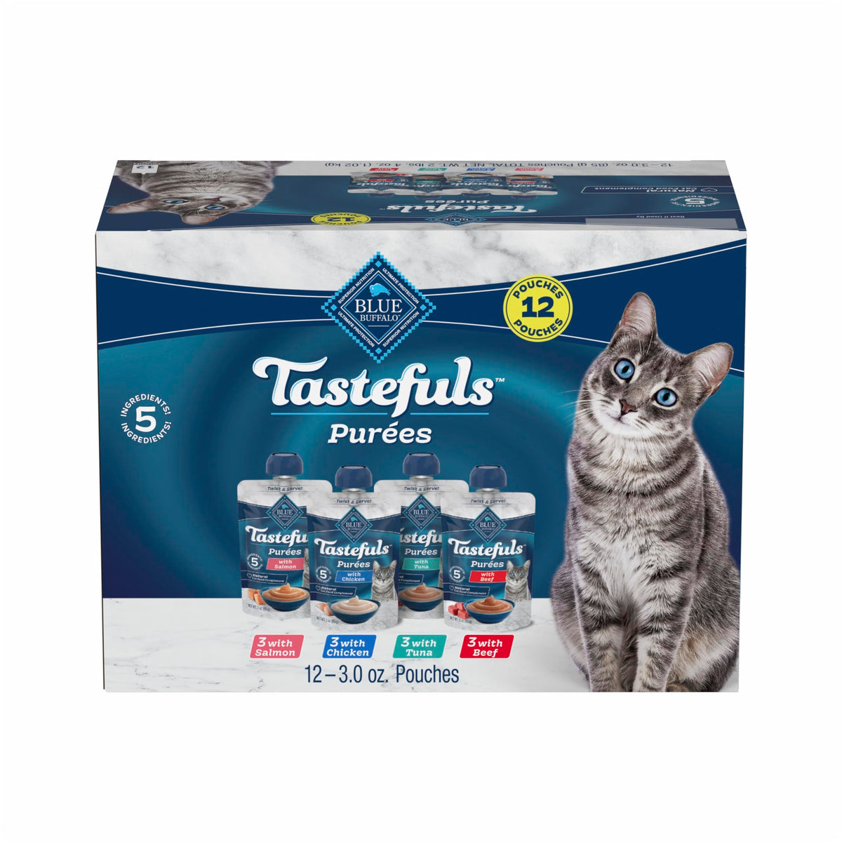 Blue Buffalo Tastefuls Purées Natural Cat Food Complement with 5 Ingredients, Chicken, Tuna, Beef, 3-oz Resealable Pouches, 12-ct Variety Pack