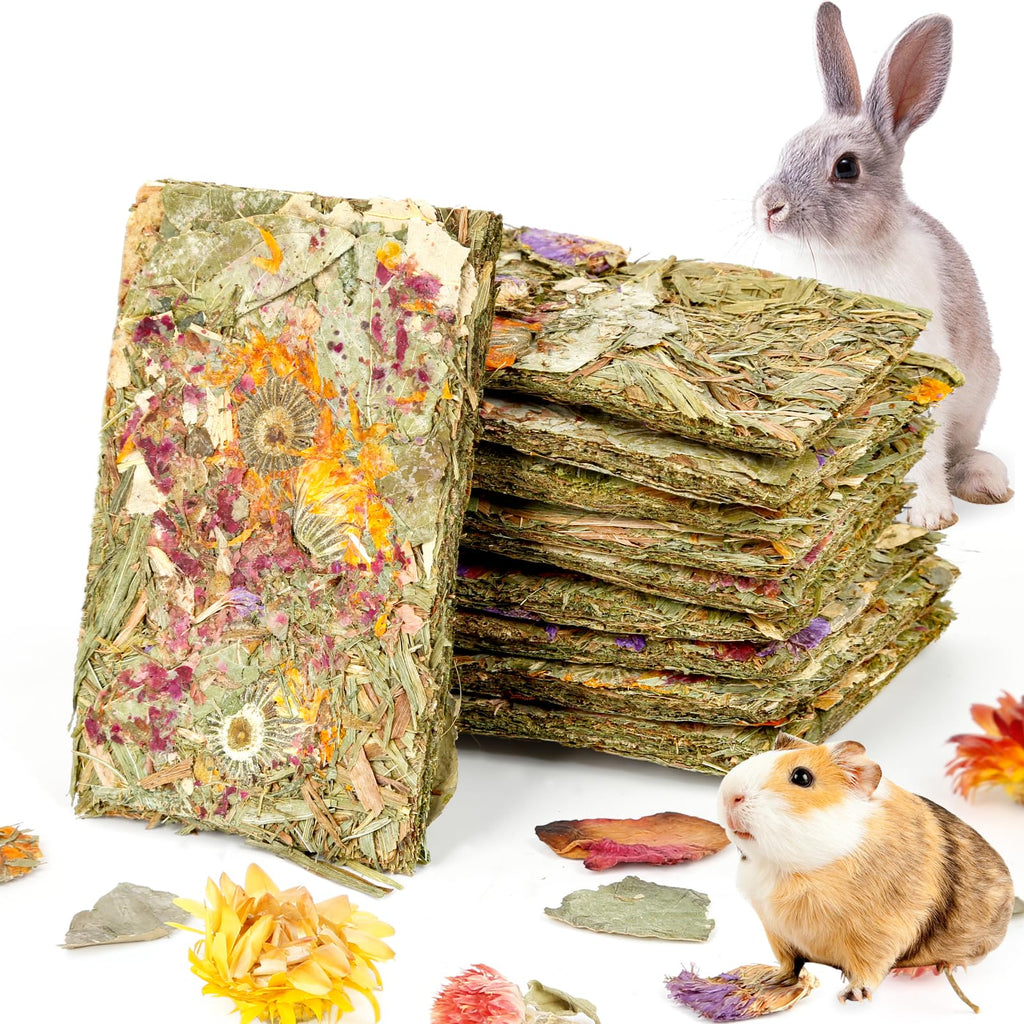 Abizoo Rabbit Natural Treats,10Pcs Timothy Hay Toys Chips Bunny chew Toys with Herbal Flowers Guinea Pig Treats for Hamster Chinchillas Gerbils Rats
