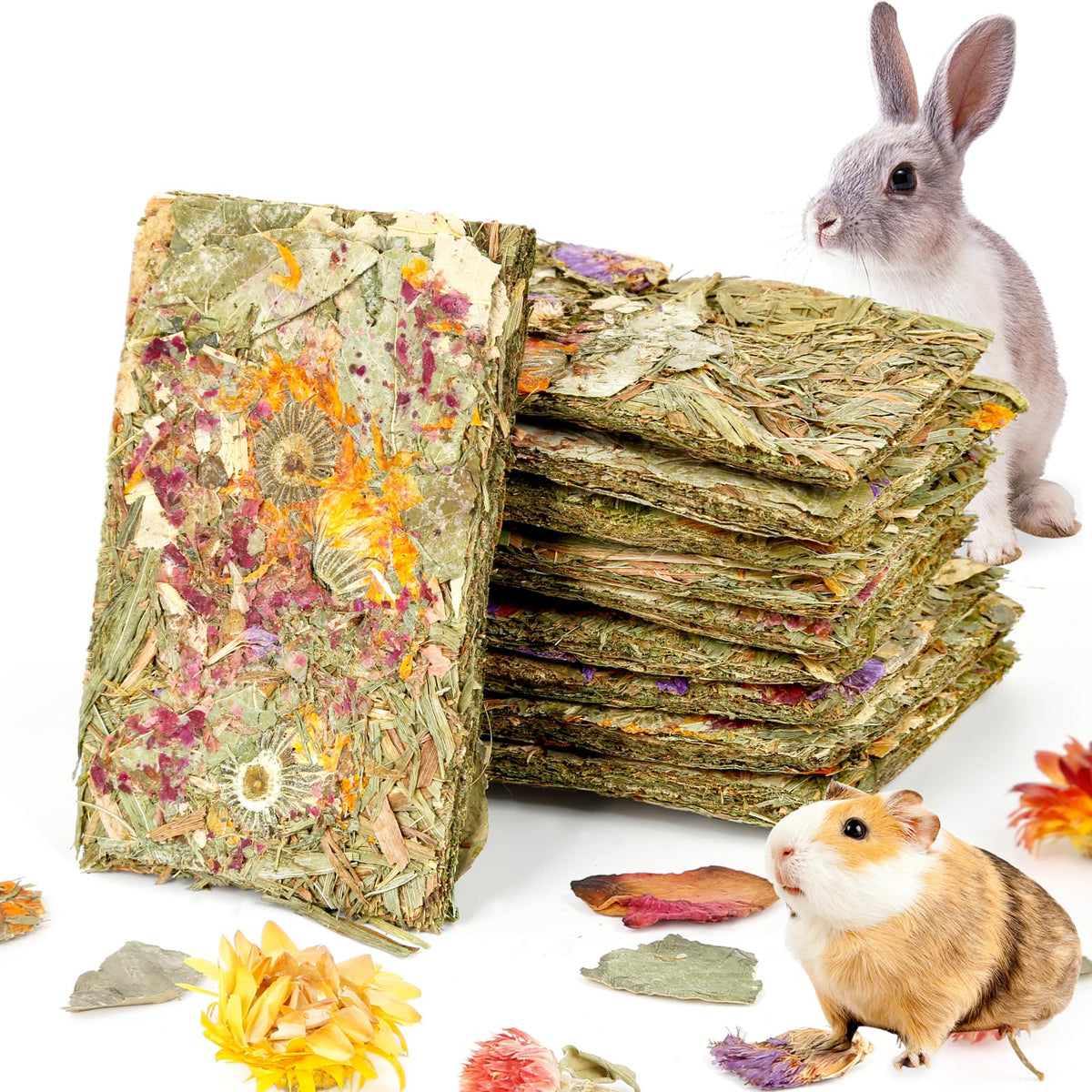 Abizoo Rabbit Natural Treats,10Pcs Timothy Hay Toys Chips Bunny chew Toys with Herbal Flowers Guinea Pig Treats for Hamster Chinchillas Gerbils Rats