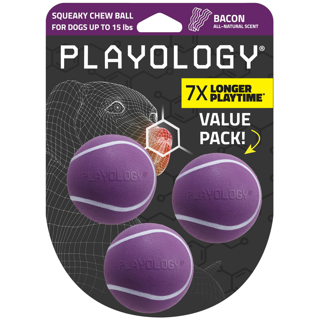 Playology Dog Toys | Squeaky Chew Ball for Dogs, Value 3-Pack | Bacon Scented Small Dog Balls | Bouncy Floating Chew Toys for Fetch