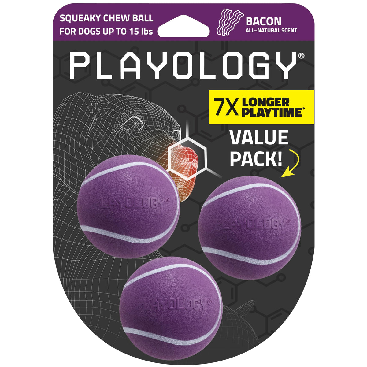 Playology Dog Toys | Squeaky Chew Ball for Dogs, Value 3-Pack | Bacon Scented Small Dog Balls | Bouncy Floating Chew Toys for Fetch