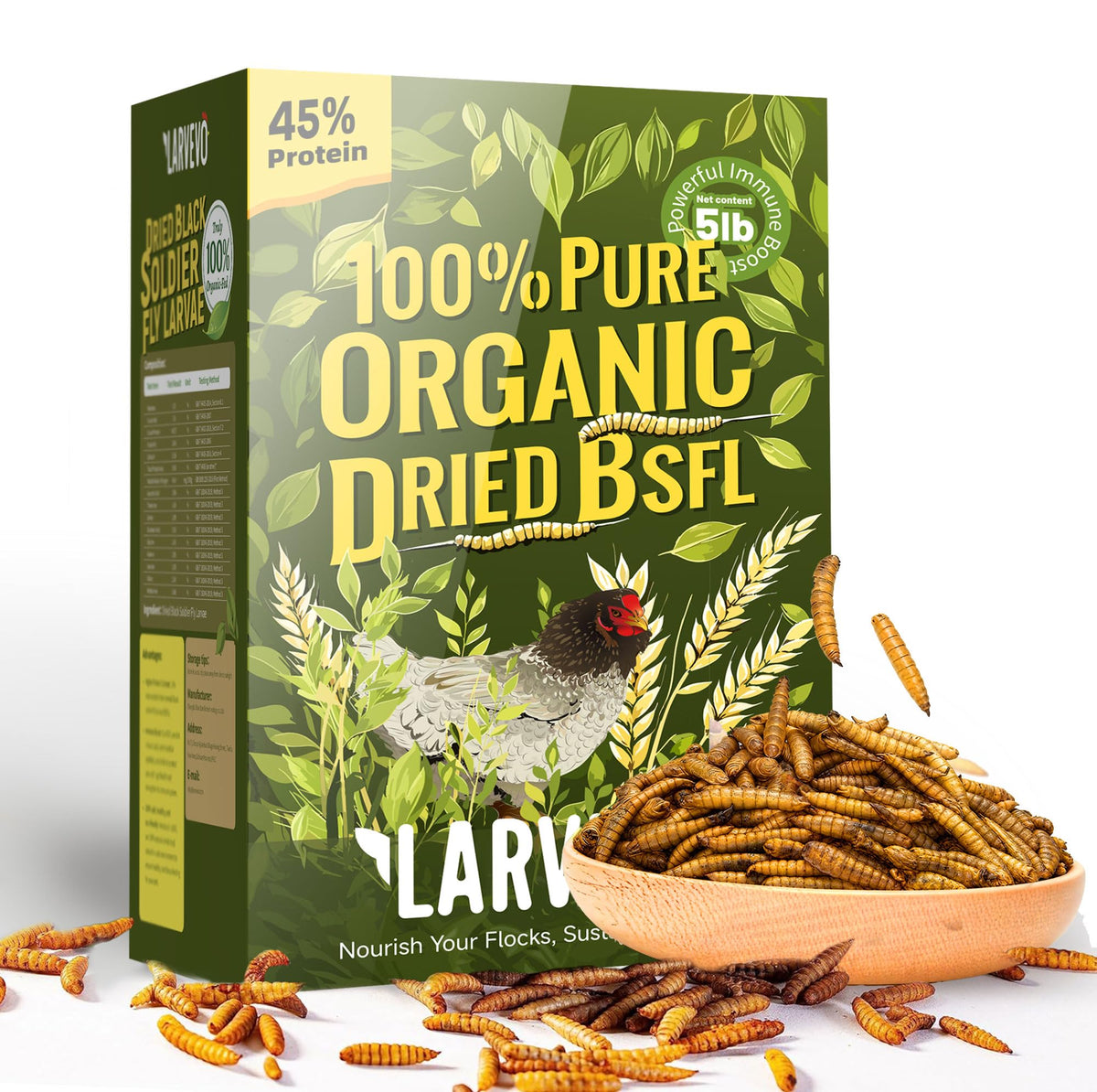 5LB Non-GMO Dried Black Soldier Fly Larvae for Chickens 45% Protein High Calcium Chicken Feed Alternative to Mealworms, Dried BSF Larvae Chicken