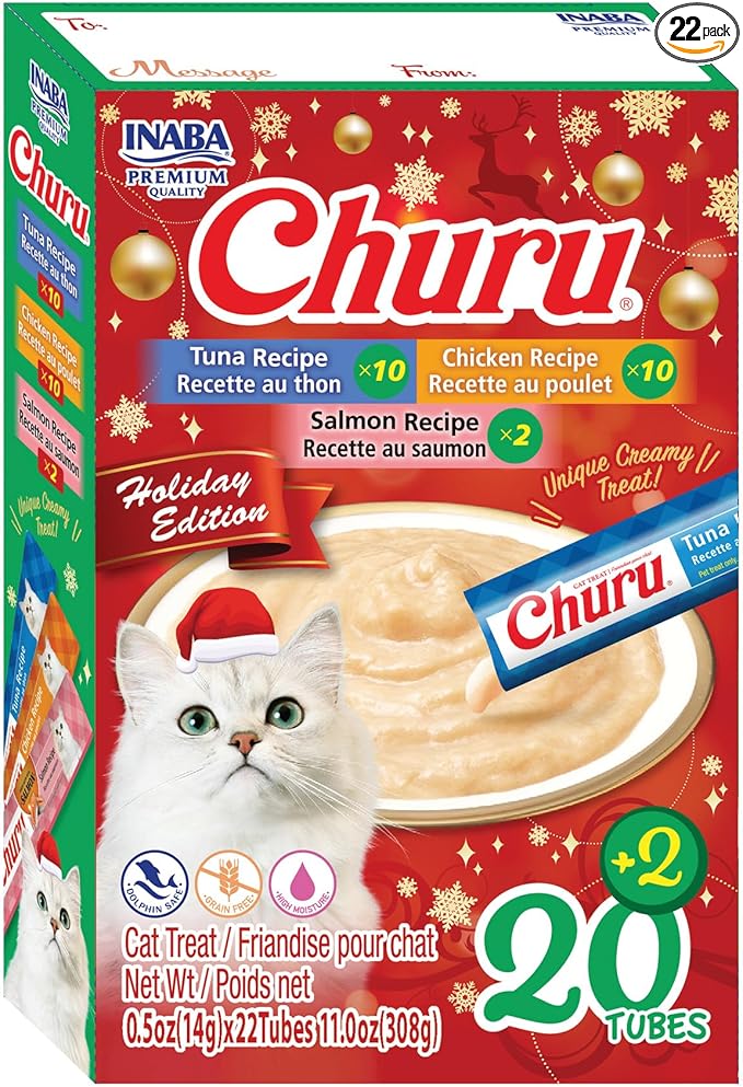 INABA Churu Cat Treats, Lickable, Squeezable Creamy Purée Cat Treat with Vitamin E, 0.5oz Each Tube, 22 Tubes, Holiday Variety Pack