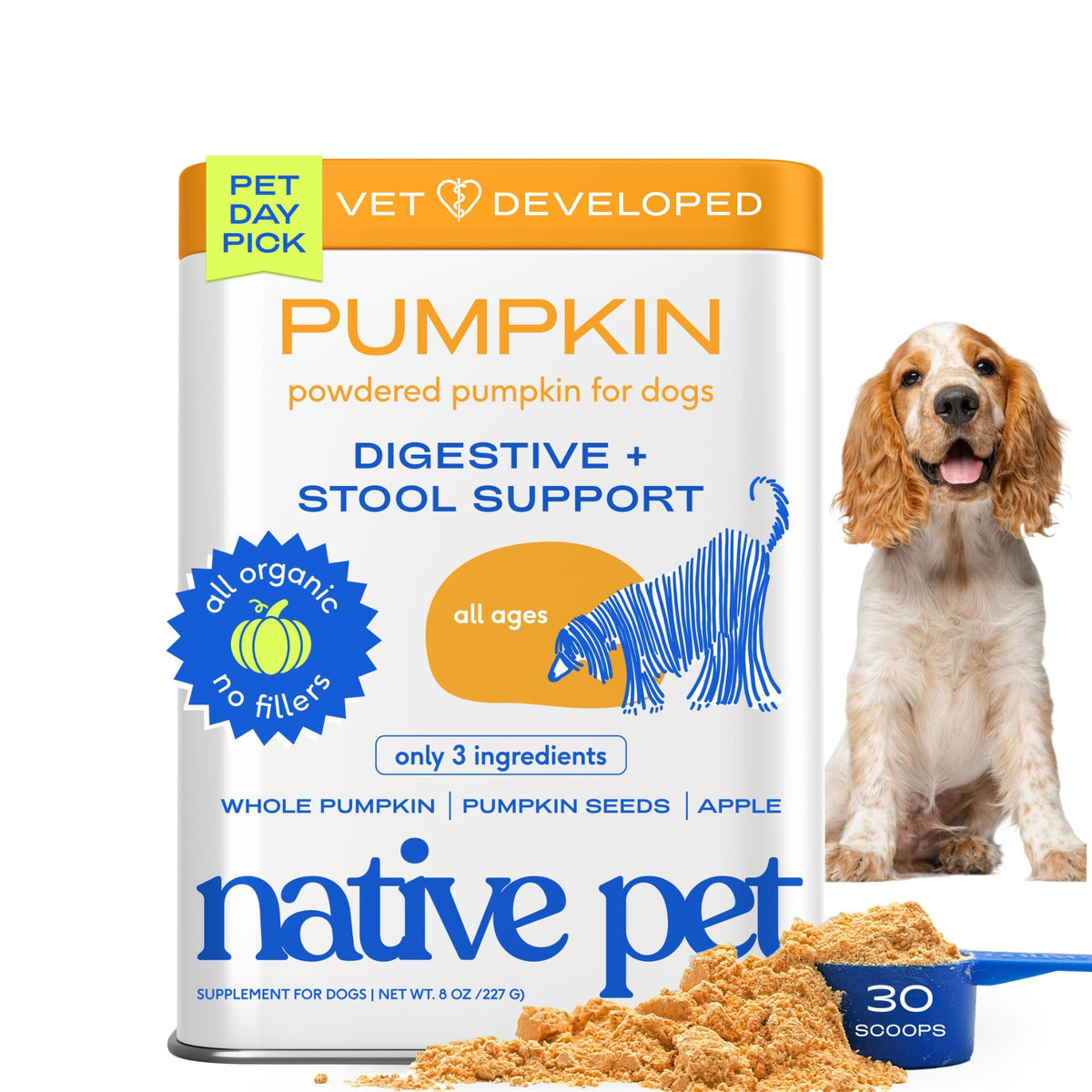 Native Pet Pumpkin for Dogs - Organic Dog Food Topper Powder - Promotes Firm Stools, Supports Digestive, Bowel Health & Nutrient Absorption - USDA