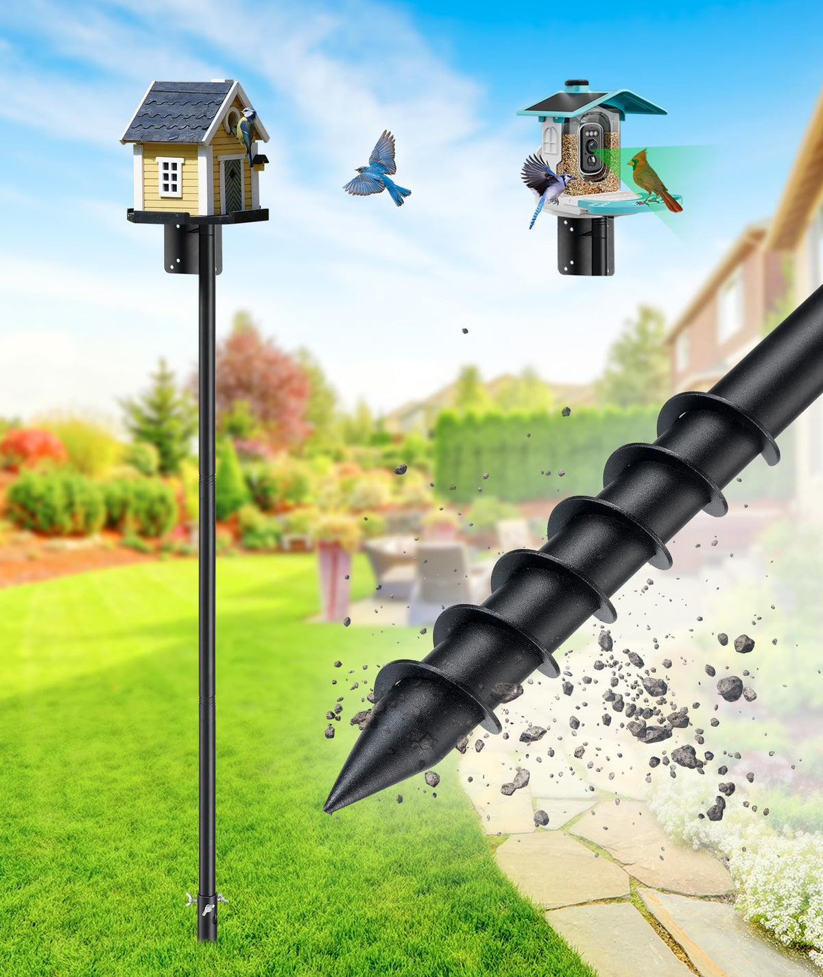 Heavy Duty Bird Feeder Pole - 60 Inch Adjustable 1 Inch Metal Bird House Pole with 14” Deep Auger Base | Outdoor Mount Kit for Bluebird Houses