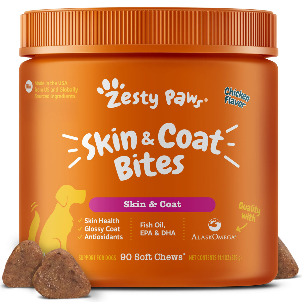 Zesty Paws Omega 3 Alaskan Fish Oil Chew Treats for Dogs - with AlaskOmega for EPA & DHA Fatty Acids - Hip & Joint Support + Skin & Coat Chicken