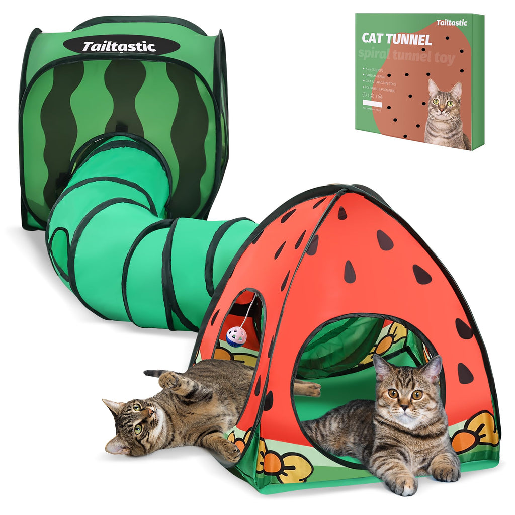Tailtastic 3-in-1 Watermelon Cat Play Tunnel with Pop-Up Cube & Triangle Cat Tent, Interactive Toy Ball & Foldable Design - Easy Magic Tape Assembly
