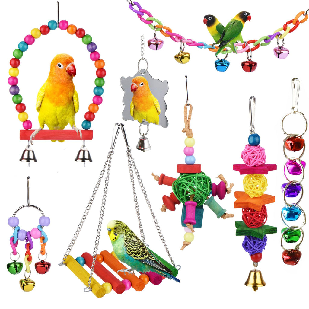 8 Pcs Parakeet Cockatiel Bird Toys, Parrots Cage Accessories Swing Wooden Perch Chewing Toy for Budgerigar, Conures, Love Birds, Finches, Budgies