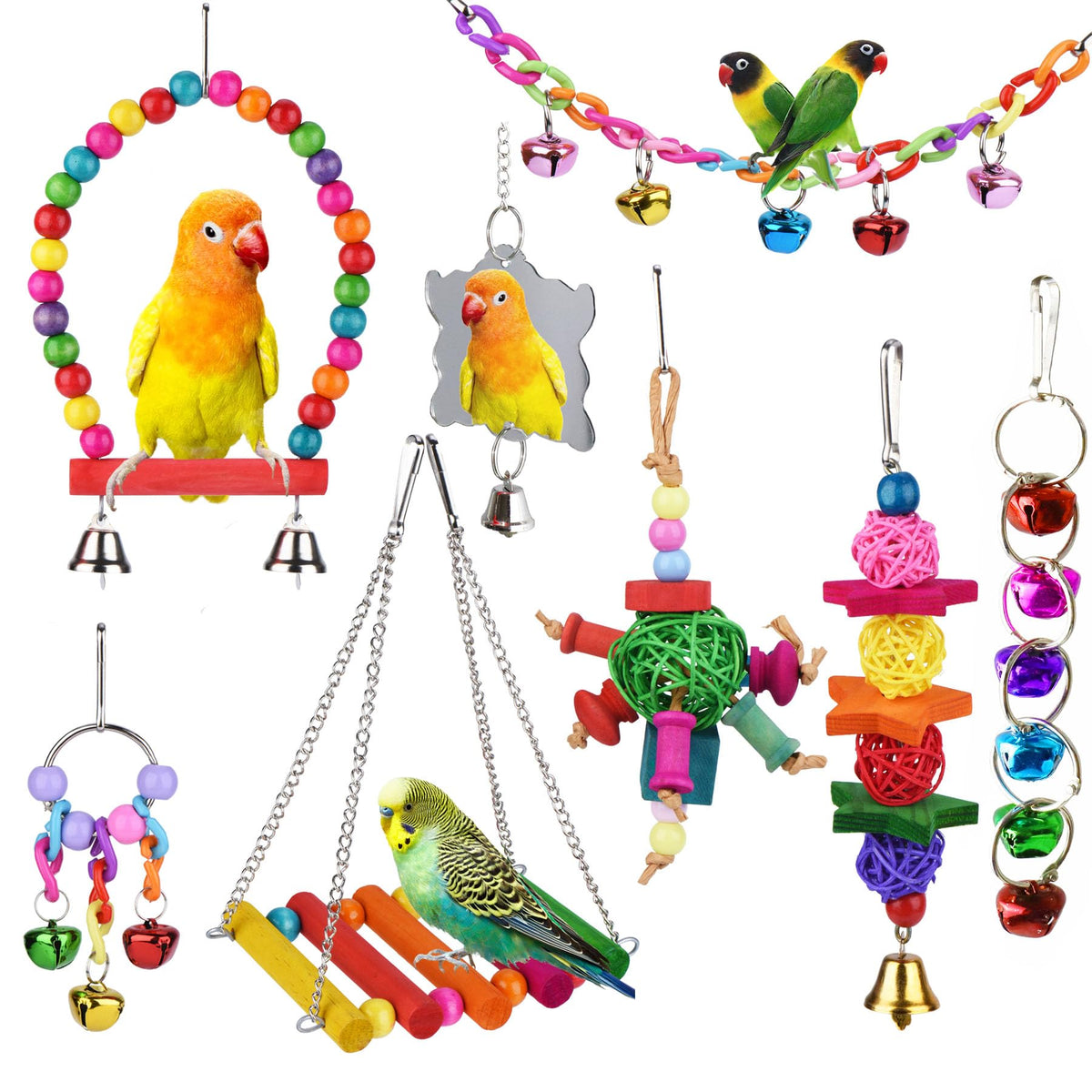 8 Pcs Parakeet Cockatiel Bird Toys, Parrots Cage Accessories Swing Wooden Perch Chewing Toy for Budgerigar, Conures, Love Birds, Finches, Budgies