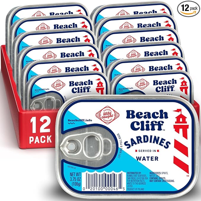Beach Cliff Sardines in Water, 3.75 oz Can (Pack of 12) - Wild Caught Sardines - 12g Protein per Serving - Gluten Free, Keto Friendly