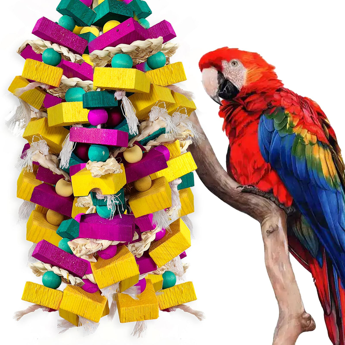 Large Bird Toys, Multi-Color Wooden Block with Bamboo Support Bird Chewing Toy Parrot Cage Bite Toy for Macaws Cokatoos African Grey and Large Medium