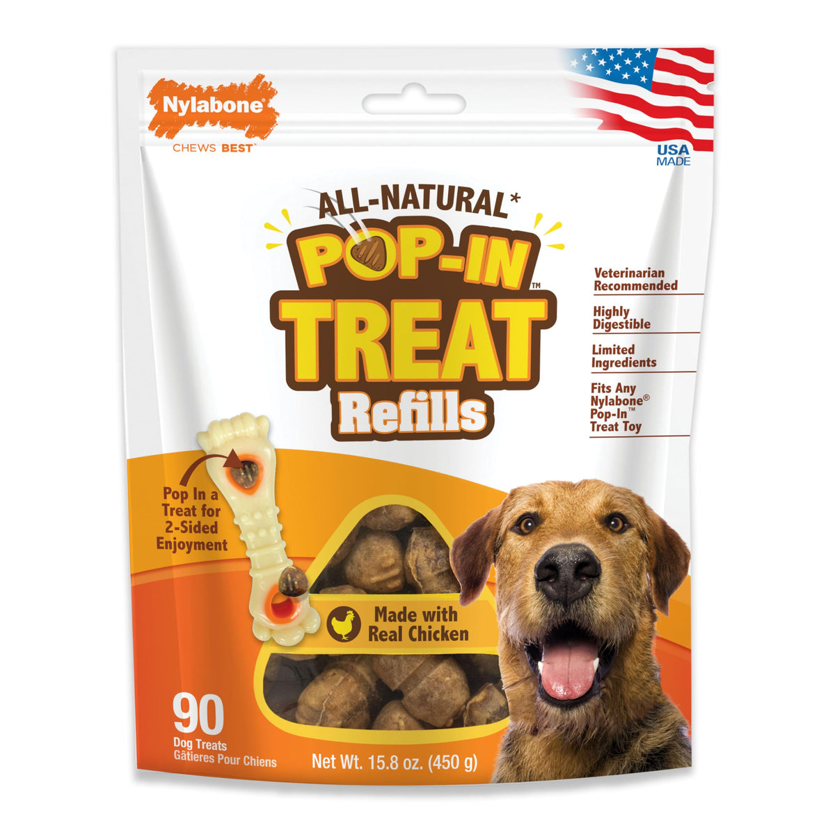Nylabone Pop-in Treat-Toy Refill Chews, All-Natural Dog Treats for Treat Dispensing Toys, Chicken Flavor, 90 Count