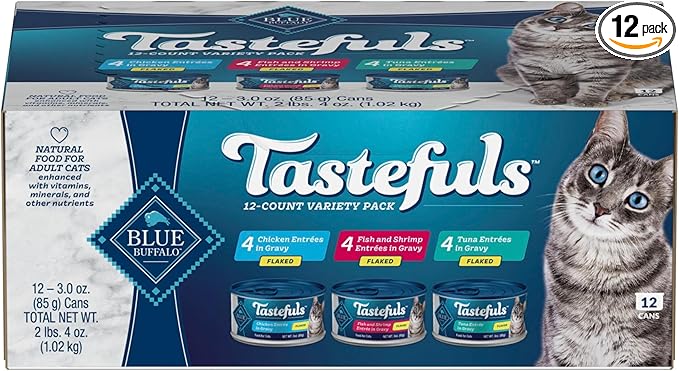Blue Buffalo Tastefuls Flaked Wet Cat Food Variety Pack, Made with Natural Ingredients, Tuna, Chicken, Fish & Shrimp, 3-oz Cans (12 Count, 4 of Each)